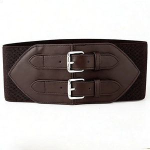 Women's vintage wide elastic waist belt with double silver buckles in dark brown