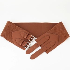 Vintage wide elastic waist belt for women with brown faux leather and double silver buckles