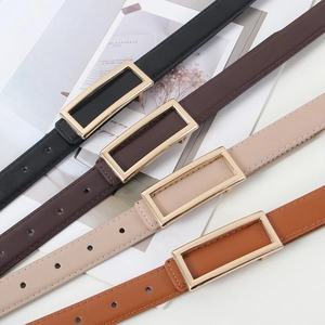 Women Minimalist PU Leather Thin Belt Fashion Gold Metal Buckle Solid Color Waistband For Dresses Jeans Suits Ladies Accessories