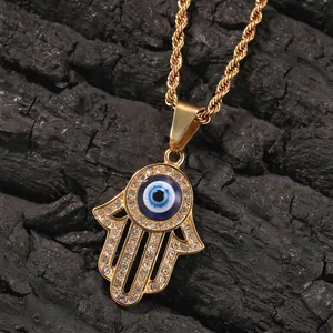 Collana Con Ciondolo Mano Di Fatima Con Malocchio Blu In Rame Con Zirconia Intarsiata Placcato Oro Catena A Fune Gioielli Uomo Donna