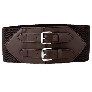 Vintage wide elastic waist belt for women with double silver buckles in dark brown