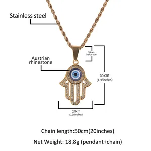 Collana mano di Fatima dorata con ciondolo occhio blu e strass austriaci