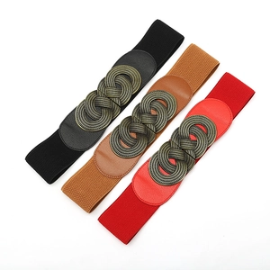 Three-color set of vintage elastic waist belts with bronze double-ring knot buckles