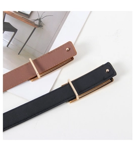 Detail of slim brown and black leather belts with minimalist gold rectangular buckles