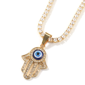 Collana con mano di Fatima ed occhio turco con catena tennis scintillante dorata