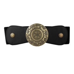 Elastic wide black belt with vintage bronze round buckle and embossed floral studs