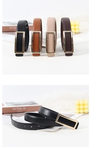 Detail view of slim leather belts with gold rectangular buckles in various colors