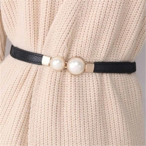 Women Elastic Waist Belt Elegant Double Artificial Pearl Interlocking Buckle Stretch Waist Cinch Belt For Dresses Retro Accessories