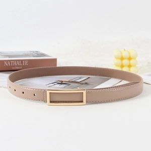 Minimalist beige leather belt for women with sleek gold rectangular buckle and stitching
