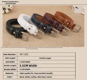 Detailed view of women's thin PU leather belts in five colors with silver alloy buckles