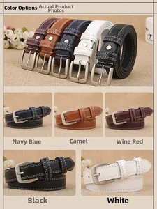 Detail showing five colors of slim leather belts with silver buckles and contrast stitching