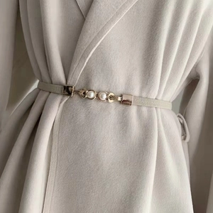 Elegant thin elastic waist belt with faux pearl gold buckle for dresses and shirts