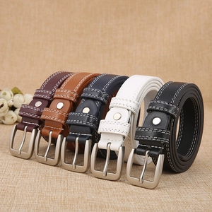 Set of slim leather belts with double white stitching and matte silver alloy buckles