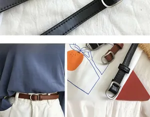 Close-up of minimalist skinny leather belts featuring classic square metal buckles