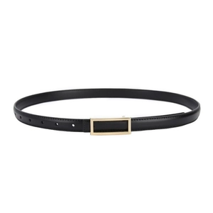 Elegant black leather thin belt with golden rectangular buckle for women's dresses and jeans