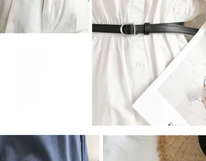 Detail of slim black PU leather belt with silver D-ring buckle on white dress