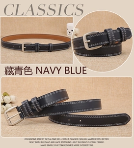 Navy blue retro leather belt with white double stitching and silver buckle detail