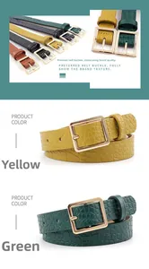Detail of crocodile embossed leather belt with a golden square buckle in yellow and green