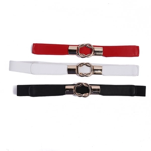 Elastic waist belt for women with gold double ring buckle in red, white and black colors