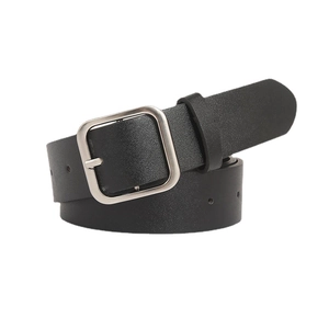 Minimalist black PU leather belt with silver square buckle for versatile fashion styling