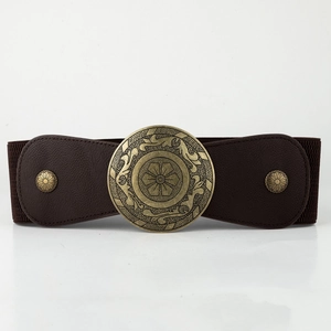 Vintage dark brown elastic wide belt with ornate bronze floral embossed buckle