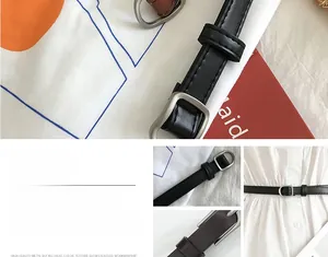 Close-up of minimalist black holeless belt with high-quality square silver metal buckle