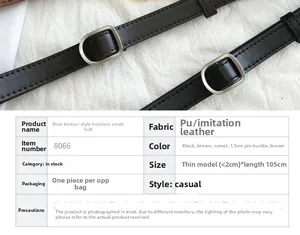 Detail view of skinny PU leather waist belt with silver metal buckle and sizing chart