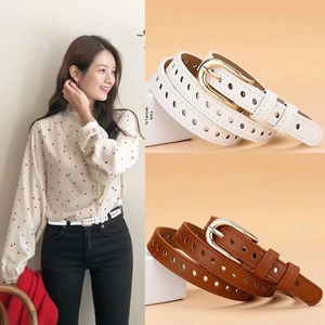 Women Stylish Hollow Out Faux Leather Belt With Gold Pin Buckle Versatile Simple Adjustable Waist Strap For Jeans Dress