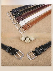 Detail of high-quality alloy buckles and slim leather belts in five different colors
