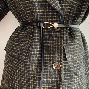 Women's Genuine Leather Slim Belt Fashionable Knotted Waist Decorative Thin Cowhide Skinny Belt Gold Alloy Buckle For Dress Coat