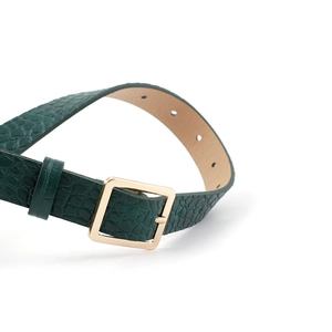 Dark green crocodile texture leather belt with elegant golden square buckle for women