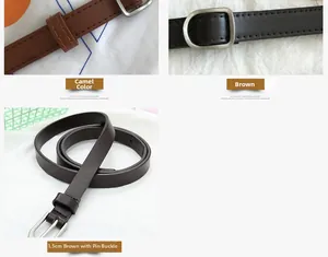 Detail view of 1.5cm wide camel and brown leather belts with matte silver needle buckles