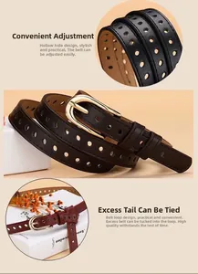 Detail of vintage leather belt with full hole hollow design and gold metal buckle