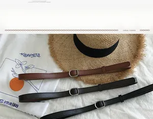 Three slim PU leather belts in black, brown, and dark coffee with silver D-ring buckles