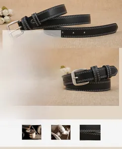 Detail of slim black PU leather belt featuring white double stitching and silver square buckle