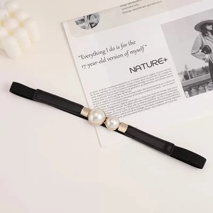 Elegant black elastic waist belt for women with white pearl buckle on gold setting