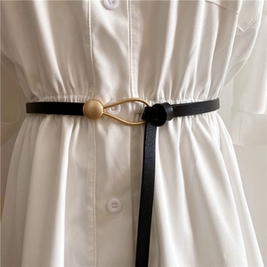 Women's slim black leather waist belt with elegant gold metal ring buckle for dresses