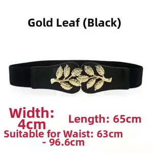 Detail van 4 cm elastische tailleriem met gouden bladgesp en weergave van de afmetingen