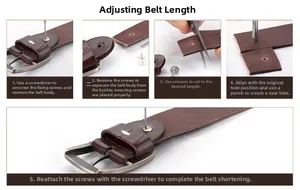 Detail showing the length adjustment process of the slim leather belt with alloy buckle