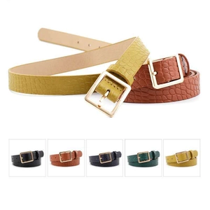 Women's crocodile pattern leather belt with golden square buckle in five assorted colors