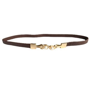 Elegant thin brown elastic waist belt for women with golden pearl buckle for dresses