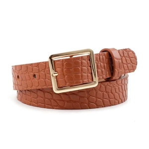 Brown crocodile embossed leather belt with gold square buckle for women fashion