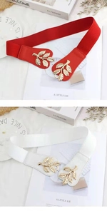 Detail of red and white elastic waist belts with golden leaf buckle on a magazine