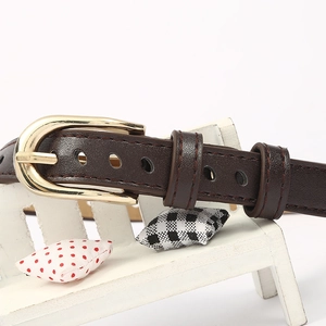 Detail of dark brown leather belt with golden horseshoe buckle on a decorative mini bench