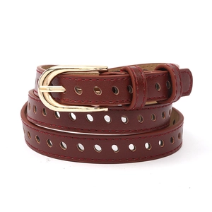 Slim burgundy leather belt for women with gold buckle and hollow all-over perforations