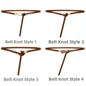 Guide showing four ways to tie a slim brown leather suit belt with a gold buckle