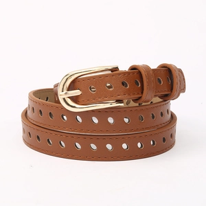 Brown leather skinny belt with hollow out perforations and golden pin buckle