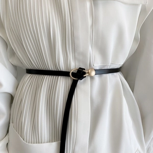 Women's Minimalist Slim Faux Leather Belt With Gold Alloy Buckle Versatile Knotted Thin Waistband For Dresses Suits Accessories