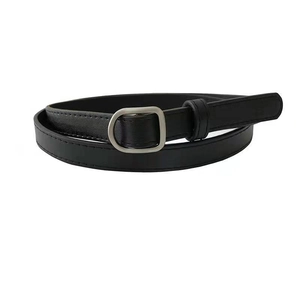 Minimalist black faux leather waist belt with elegant silver oval metal buckle for women