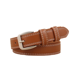 Vintage brown leather belt with silver square buckle and contrast white stitching details